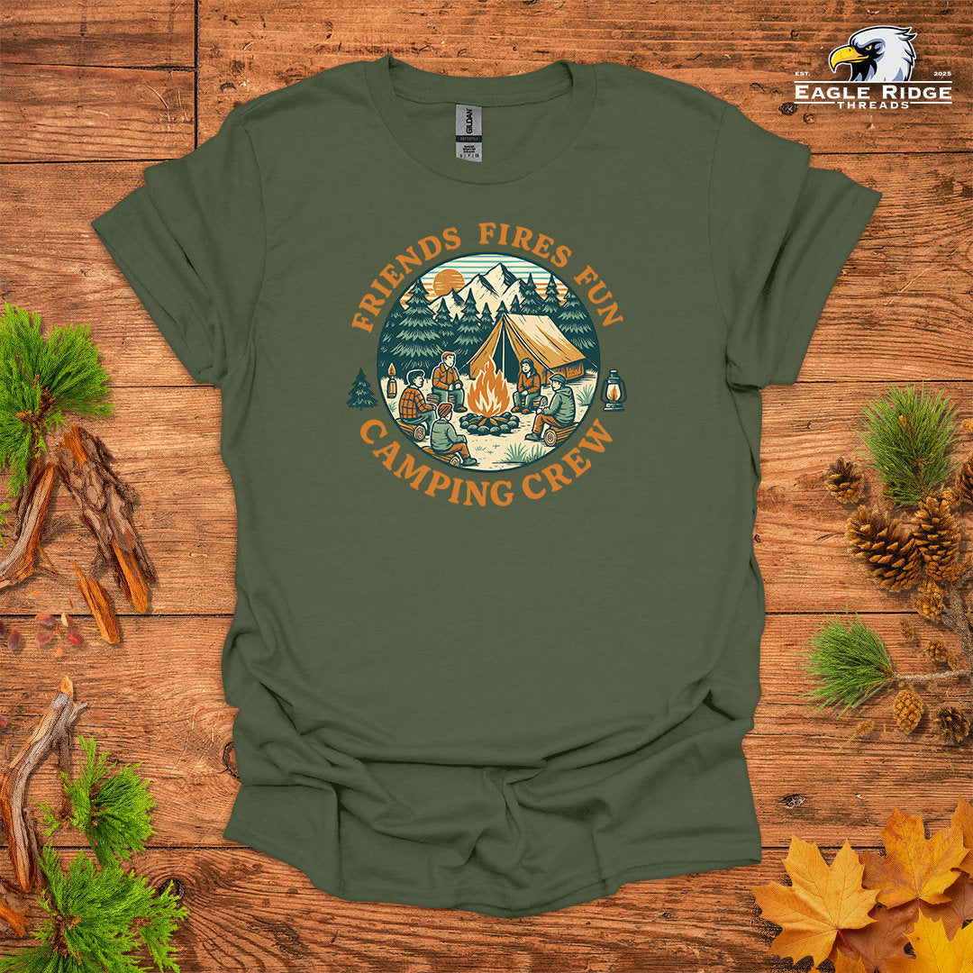 Friends Fires Fun Camping Crew • Hiking T-shirt • Vintage Campfire Graphic
