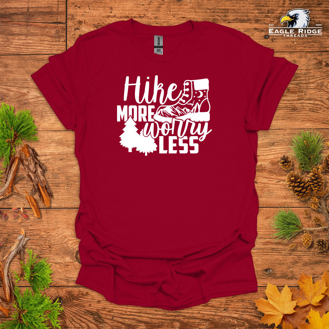 Hike More Worry Less • Hiking T-shirt • Boot And Mountain Graphic