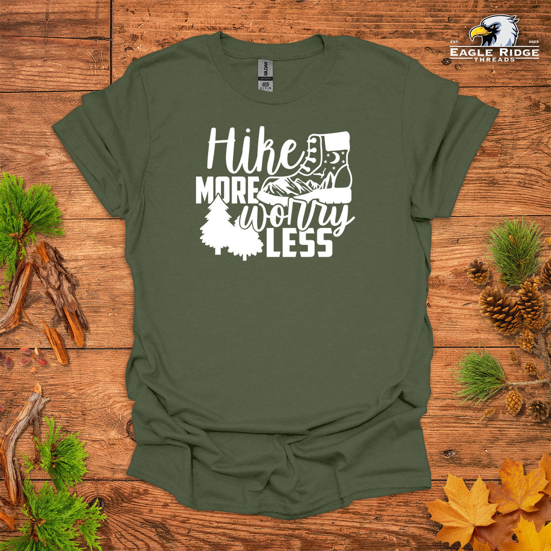 Hike More Worry Less • Hiking T-shirt • Boot And Mountain Graphic