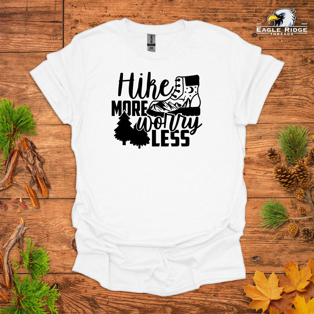 Hike More Worry Less • Hiking T-shirt • Boot And Mountain Graphic