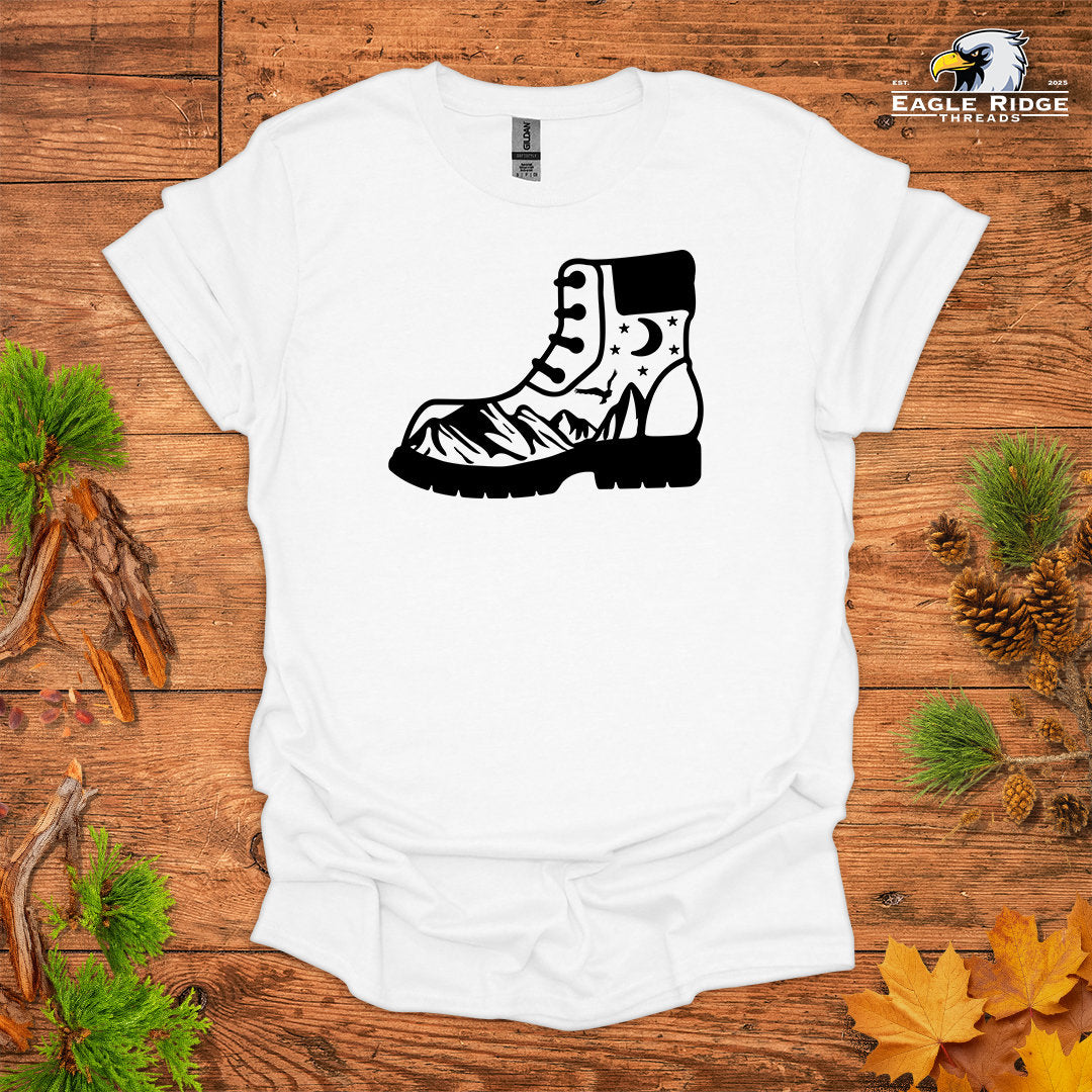 Hiking Boot Mountain Scene • Hiking T-shirt • Wilderness Graphic