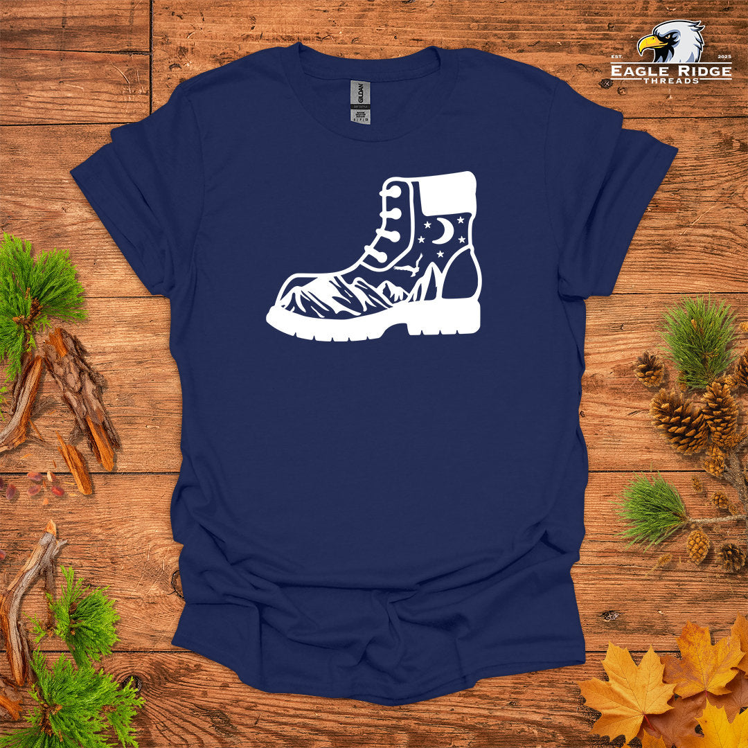 Hiking Boot Mountain Scene • Hiking T-shirt • Wilderness Graphic