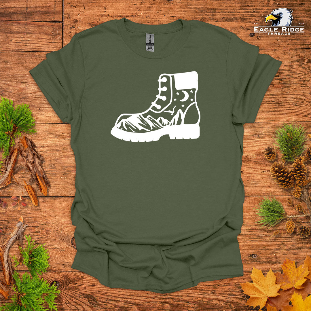 Hiking Boot Mountain Scene • Hiking T-shirt • Wilderness Graphic