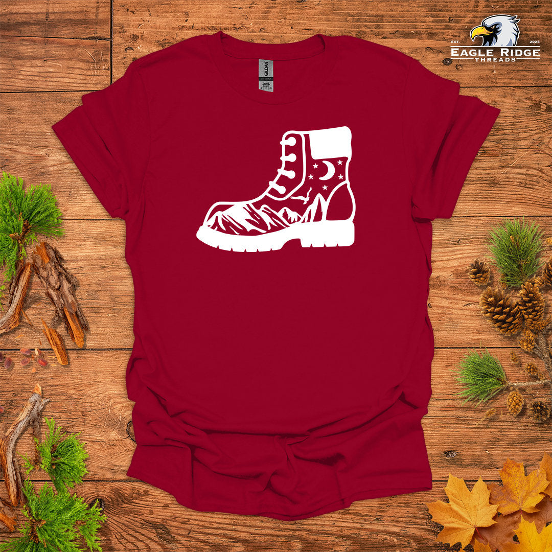 Hiking Boot Mountain Scene • Hiking T-shirt • Wilderness Graphic
