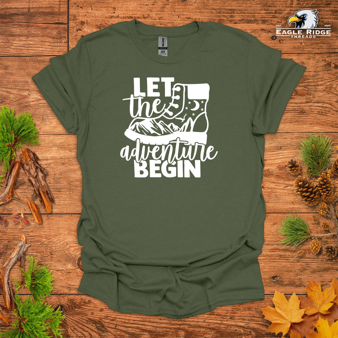 Let The Adventure Begin • Hiking T-shirt • Mountain Boot Graphic