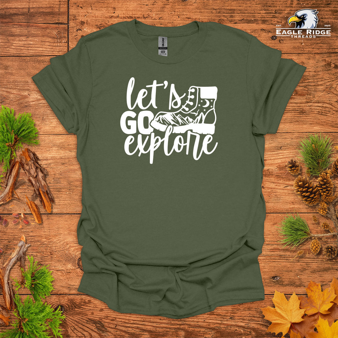 Let’s Go Explore • Hiking T-shirt • Mountain Boot Graphic