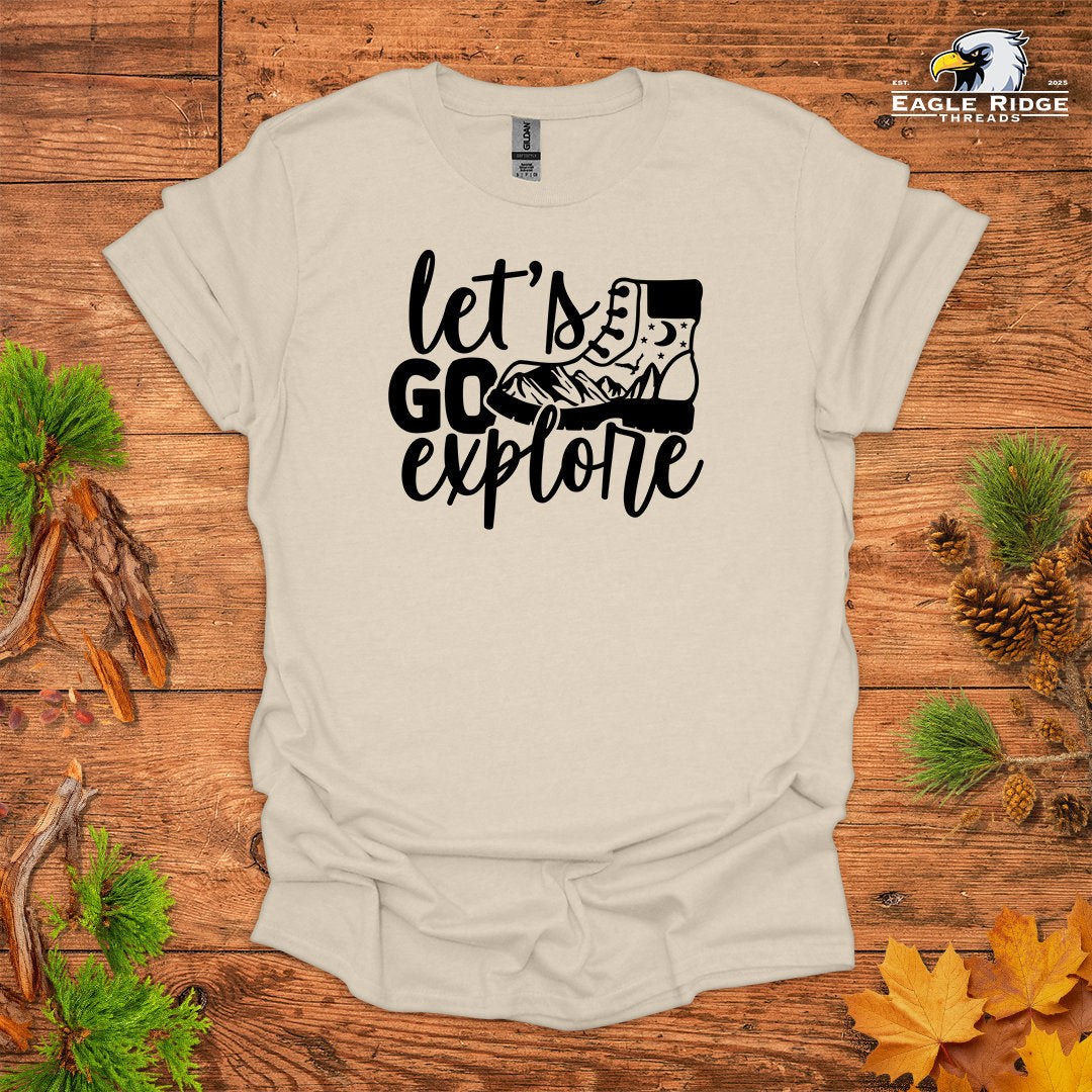 Let’s Go Explore • Hiking T-shirt • Mountain Boot Graphic