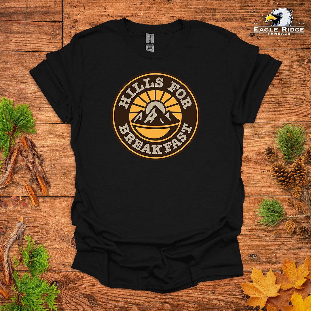 Hills For Breakfast • Hiking T-shirt • Sunrise Mountain Badge Graphic