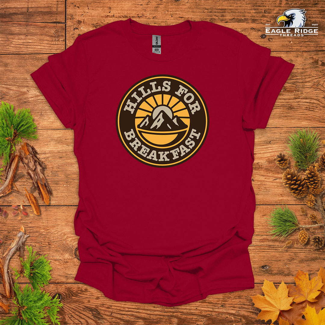 Hills For Breakfast • Hiking T-shirt • Sunrise Mountain Badge Graphic