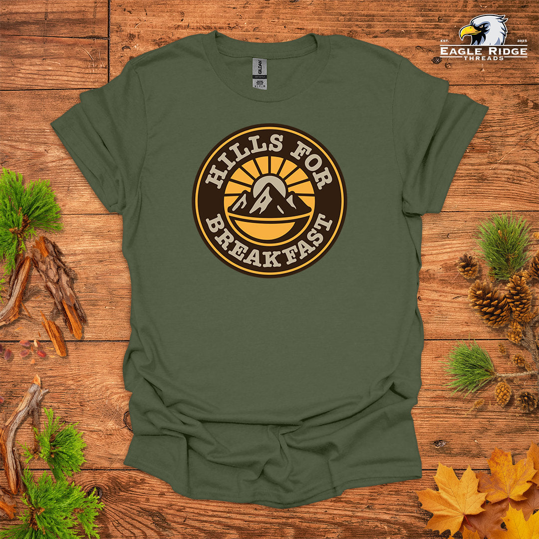 Hills For Breakfast • Hiking T-shirt • Sunrise Mountain Badge Graphic