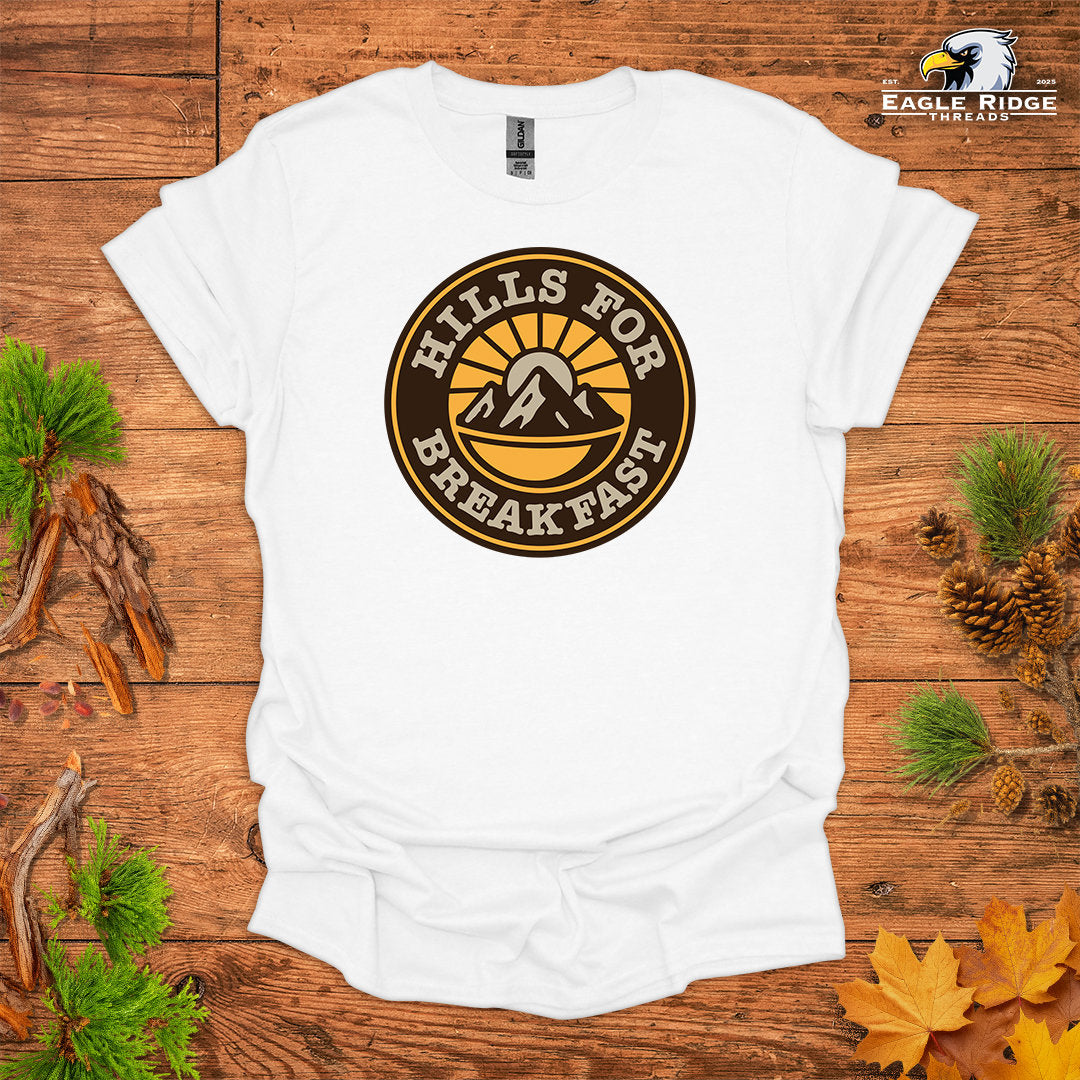 Hills For Breakfast • Hiking T-shirt • Sunrise Mountain Badge Graphic