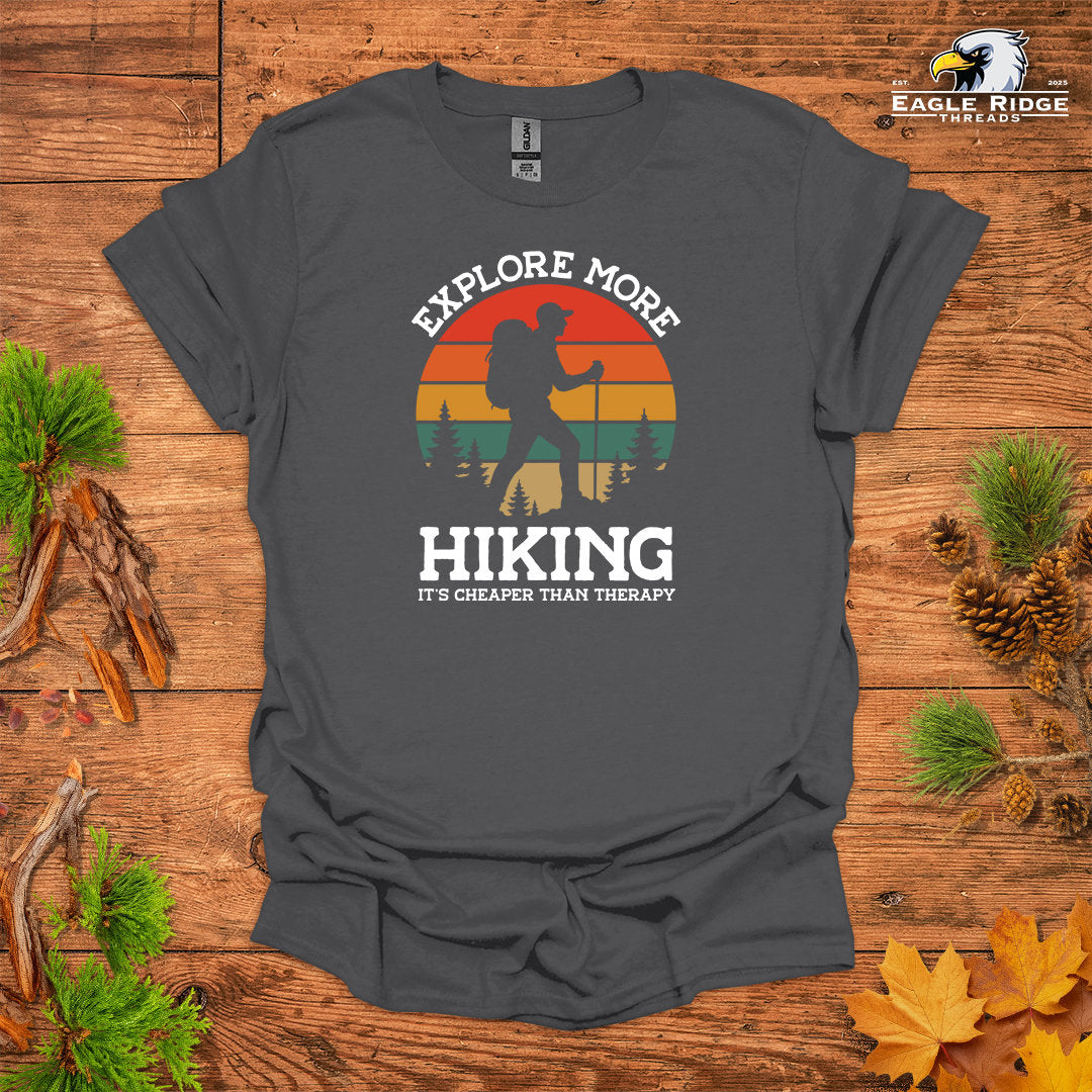 Explore More Hiking It’s Cheaper Than Therapy • Men's Hiking T-shirt • Retro Sunset Silhouette Graphic