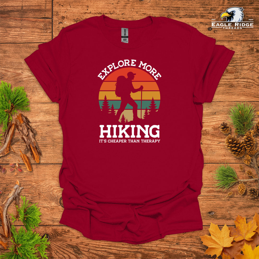Explore More Hiking It’s Cheaper Than Therapy • Men's Hiking T-shirt • Retro Sunset Silhouette Graphic