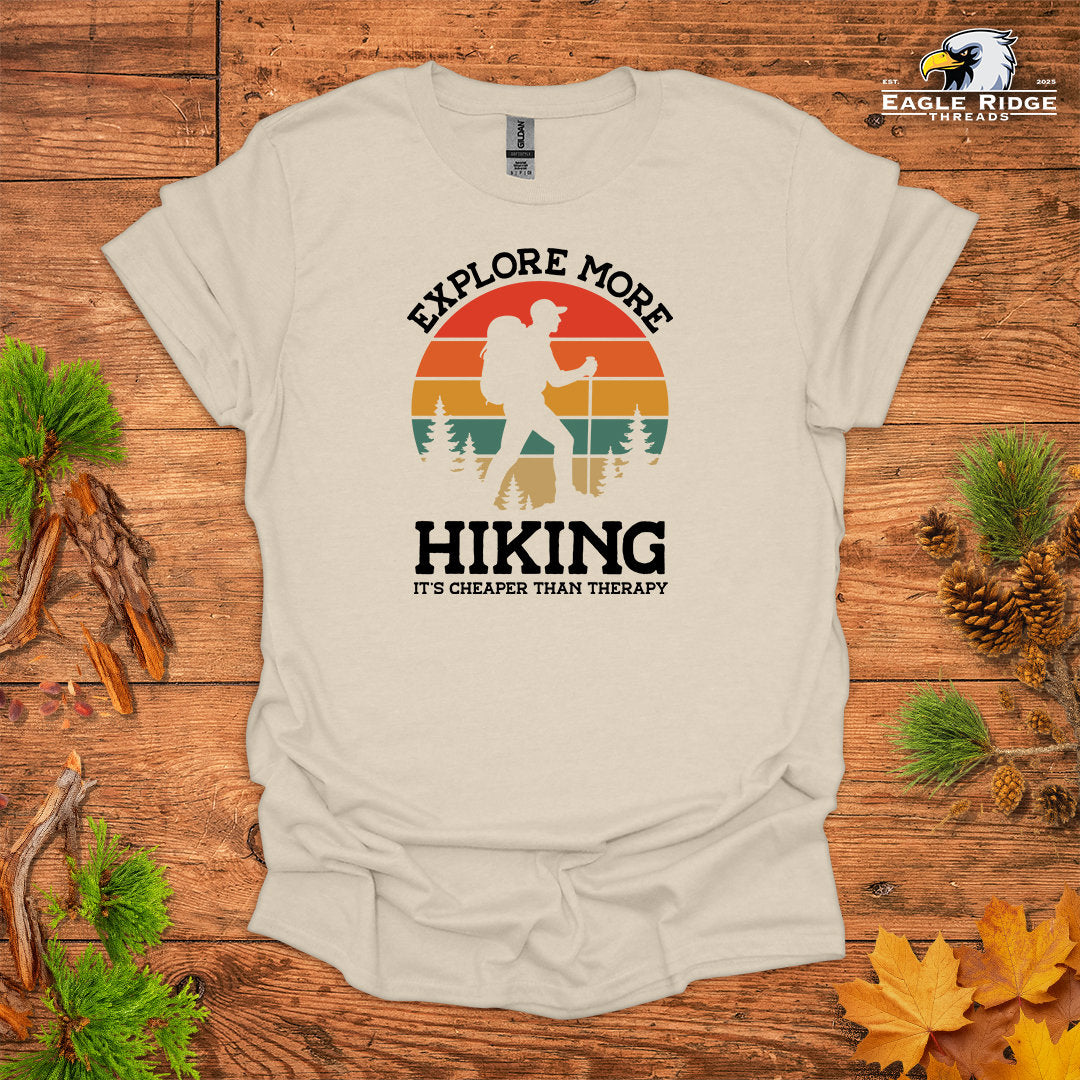 Explore More Hiking It’s Cheaper Than Therapy • Men's Hiking T-shirt • Retro Sunset Silhouette Graphic