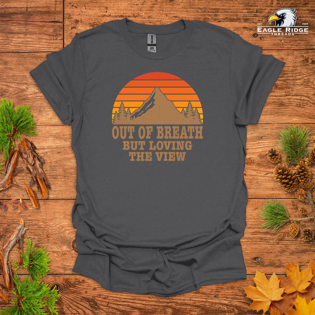Out Of Breath But Loving The View • Hiking T-shirt • Retro Mountain Sunset Graphic