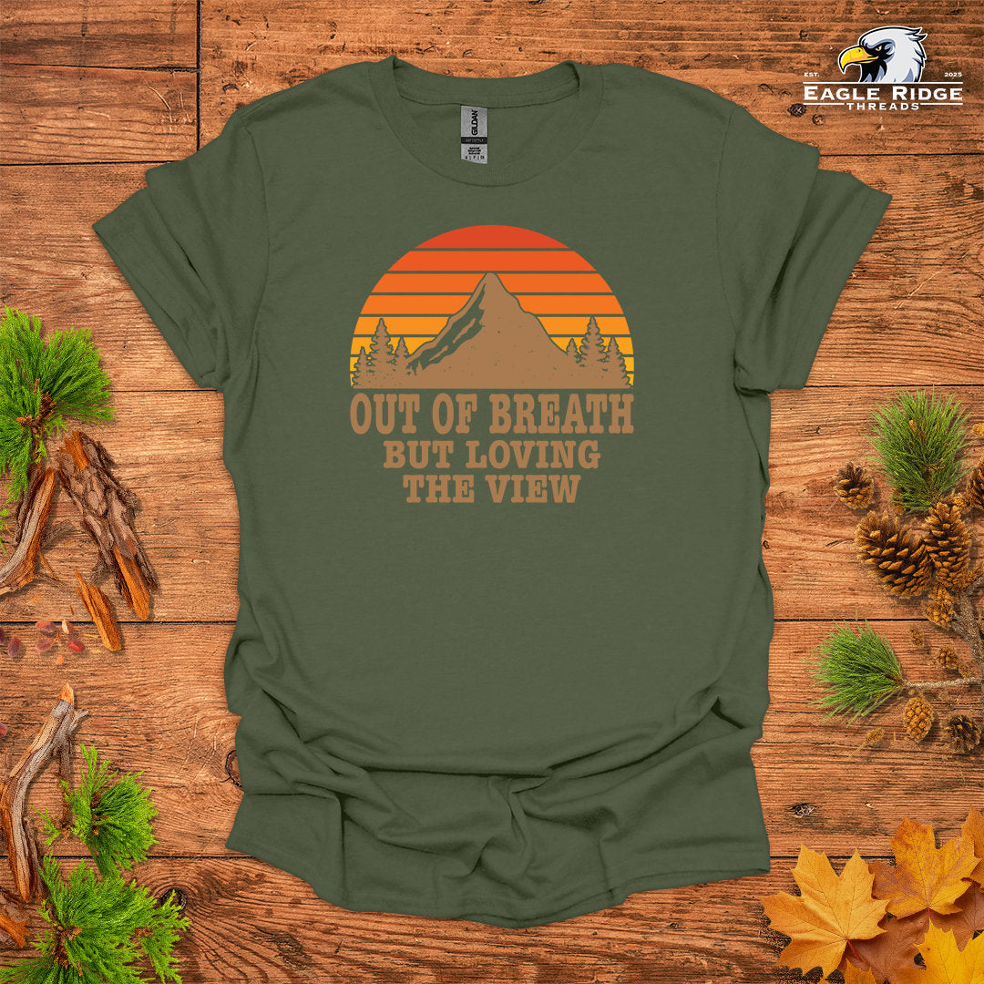 Out Of Breath But Loving The View • Hiking T-shirt • Retro Mountain Sunset Graphic