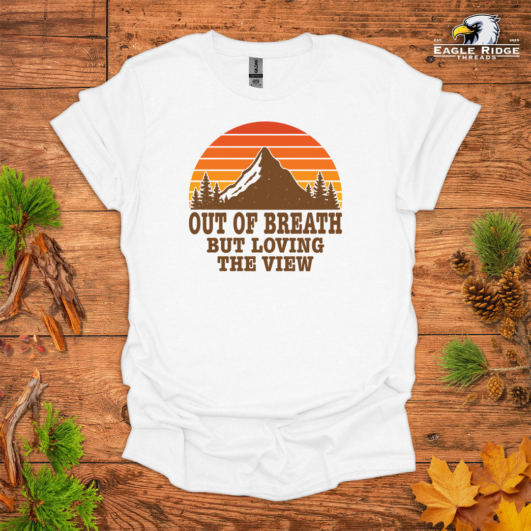 Out Of Breath But Loving The View • Hiking T-shirt • Retro Mountain Sunset Graphic