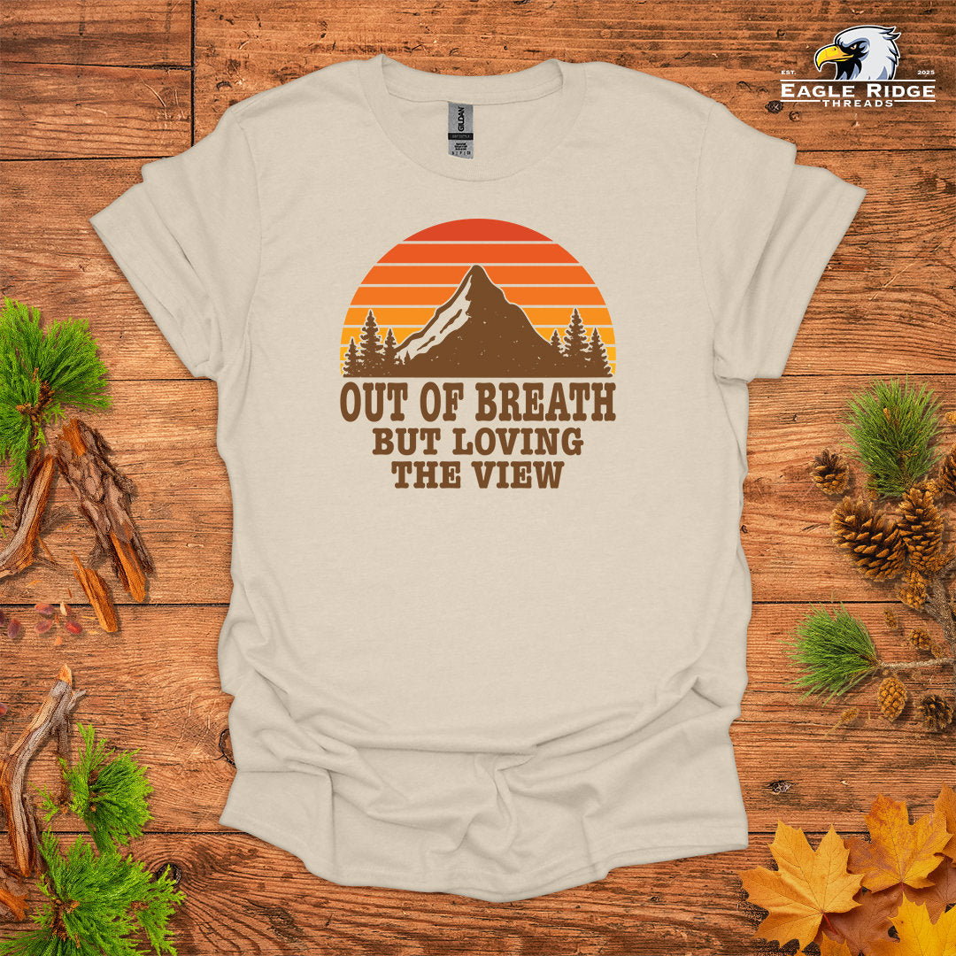 Out Of Breath But Loving The View • Hiking T-shirt • Retro Mountain Sunset Graphic