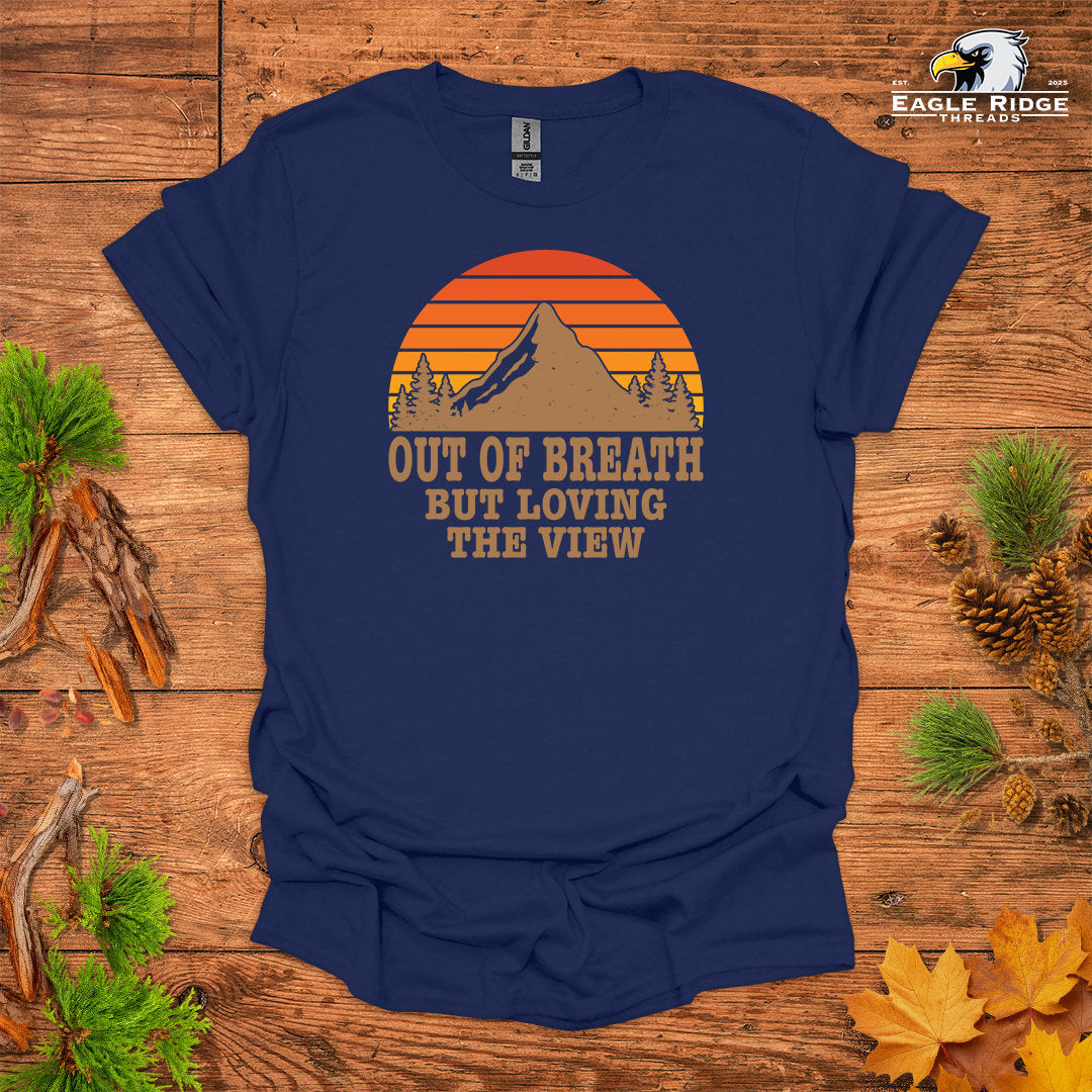 Out Of Breath But Loving The View • Hiking T-shirt • Retro Mountain Sunset Graphic