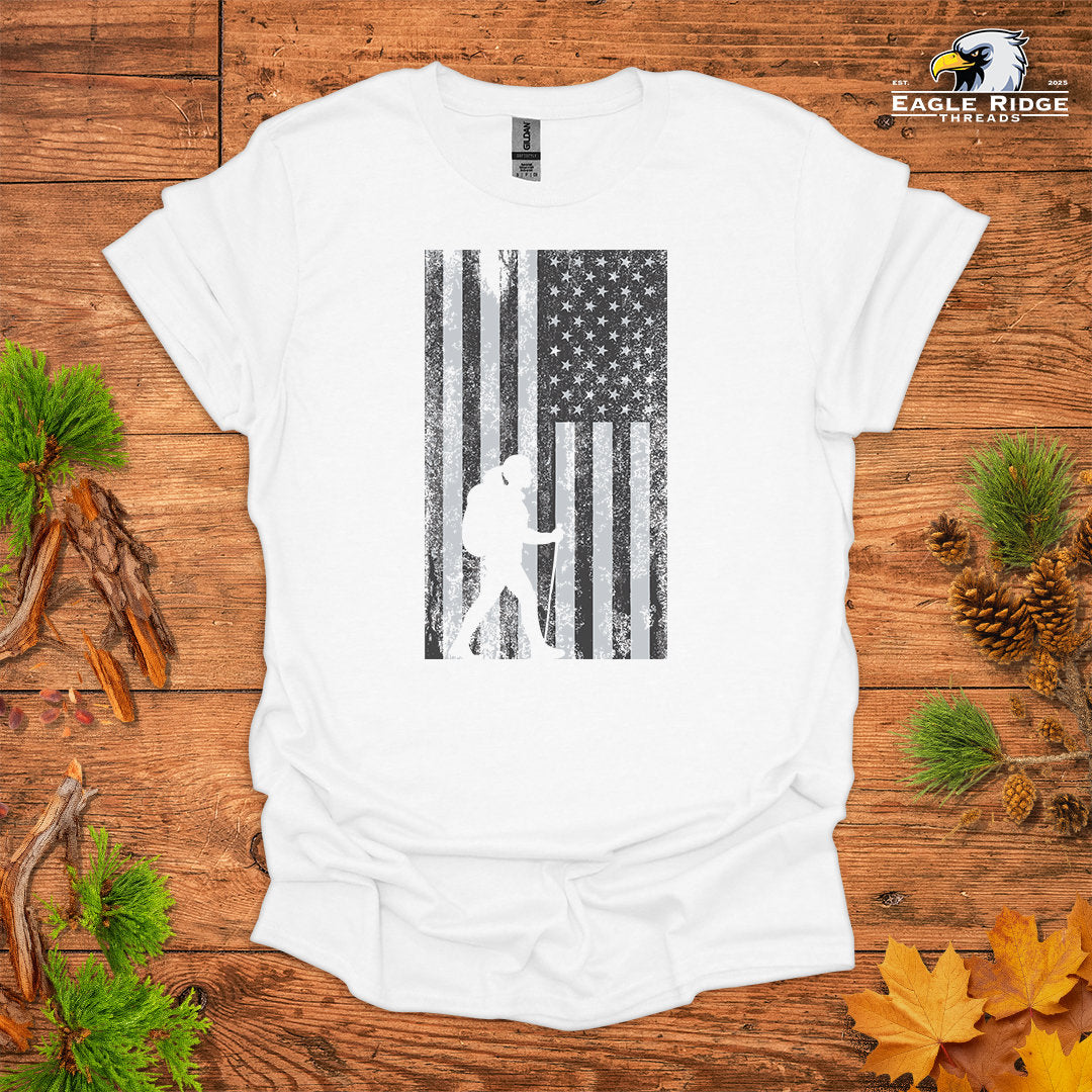 American Hiker • Women's Hiking T-shirt • Distressed Patriotic Graphic