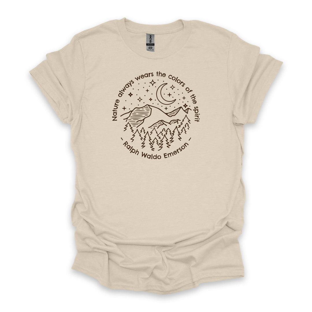 Nature Always Wears The Colors Of The Spirit – Ralph Waldo Emerson • Hiking T-shirt • Night Sky Mountain Graphic