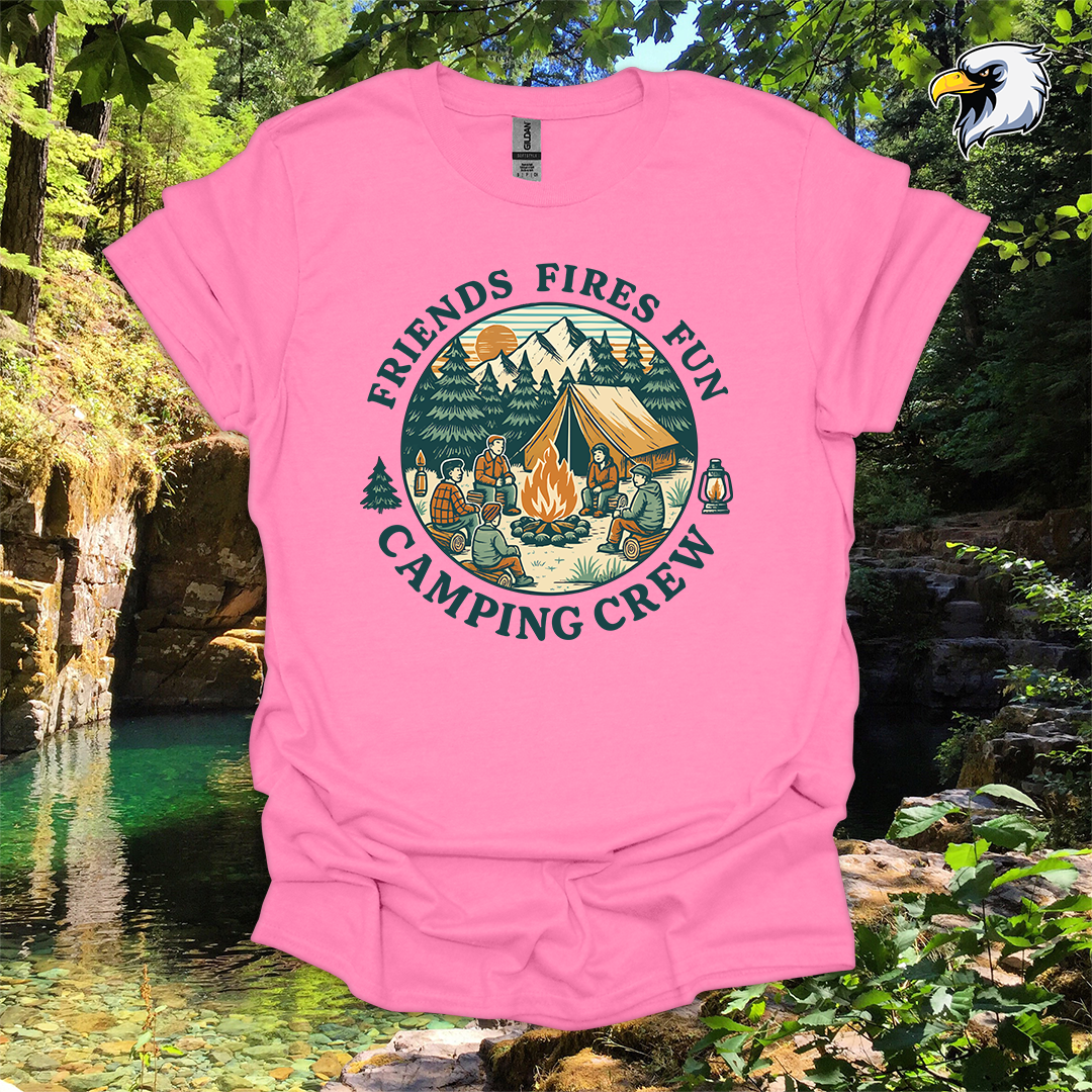 “Friends Fires Fun Camping Crew” hiking t-shirt – Vintage Campfire Graphic