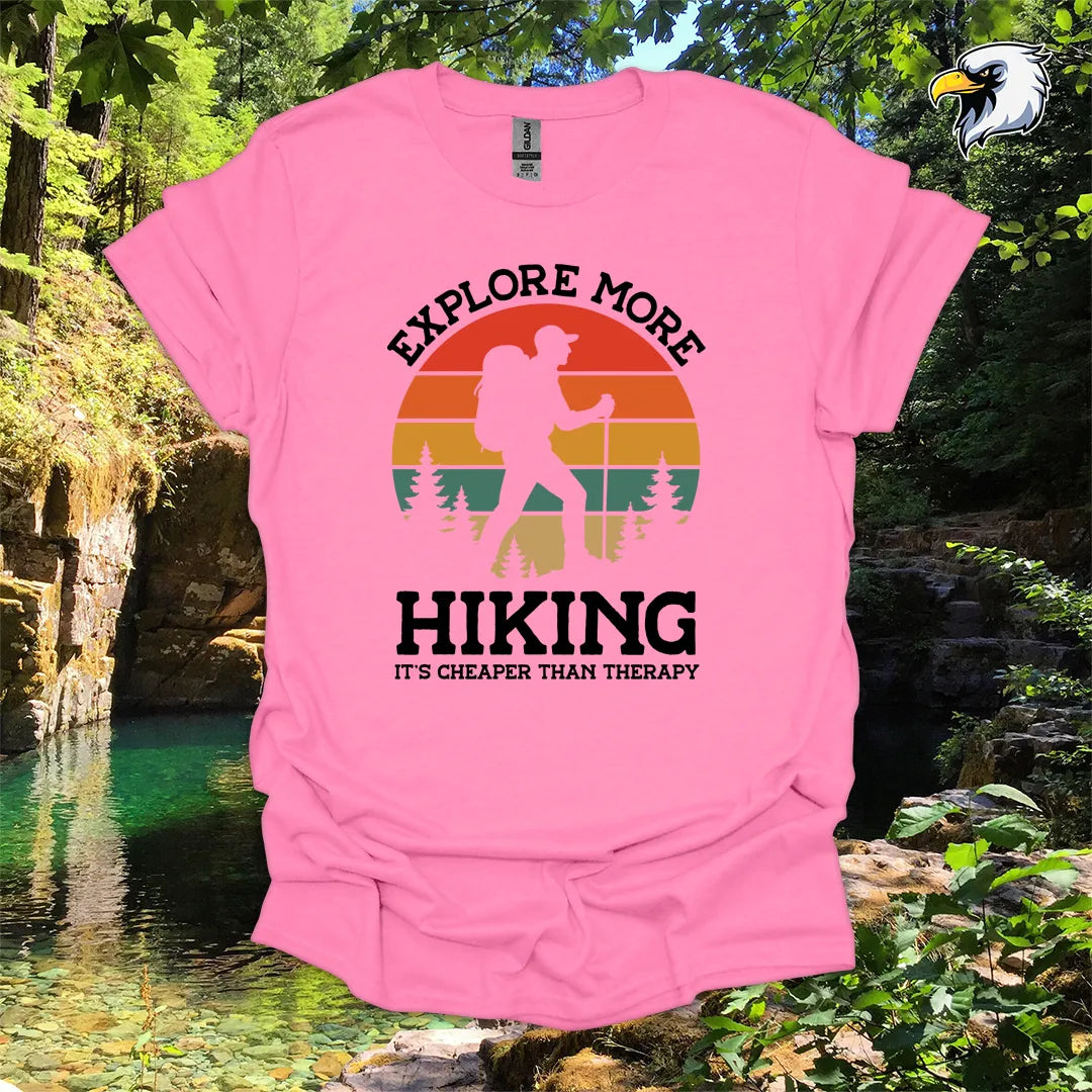 “Explore More Hiking, It’s Cheaper Than Therapy” men's hiking t-shirt – Retro Sunset Graphic
