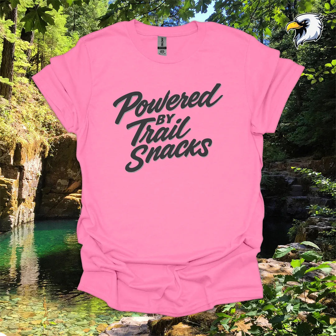 “Powered by Trail Snacks” Hiking T-Shirt – Bold Script Graphic
