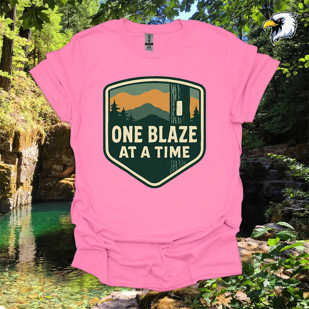 “One Blaze at a Time” Hiking T-Shirt – Mountain Badge Graphic