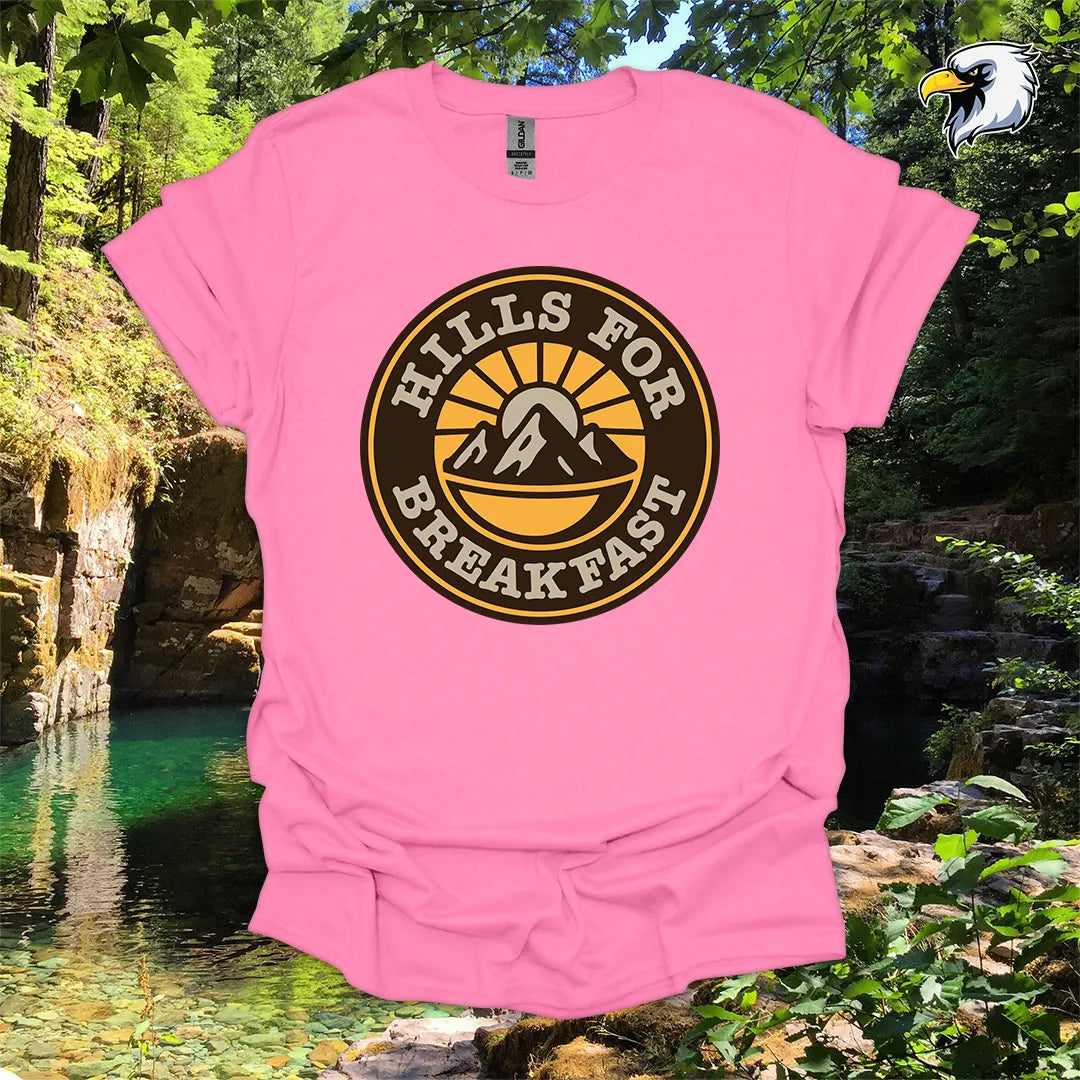 “Hills for Breakfast” hiking t-shirt – Retro Mountain Graphic