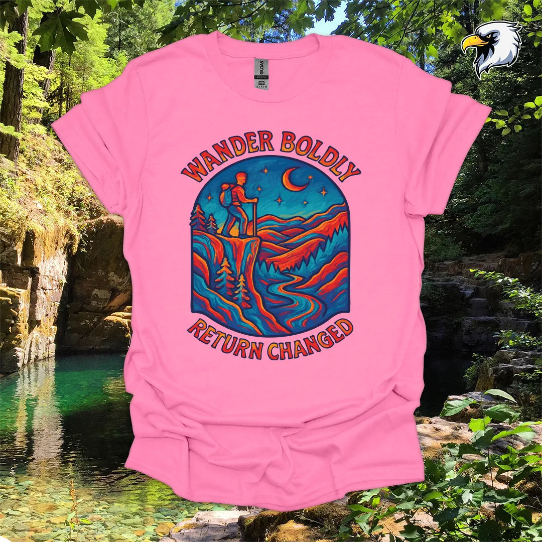 “Wander Boldly Return Changed” hiking t-shirt – Vibrant Mountain Graphic