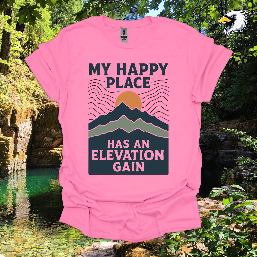 “My Happy Place Has an Elevation Gain” Hiking T-Shirt – Mountain Graphic