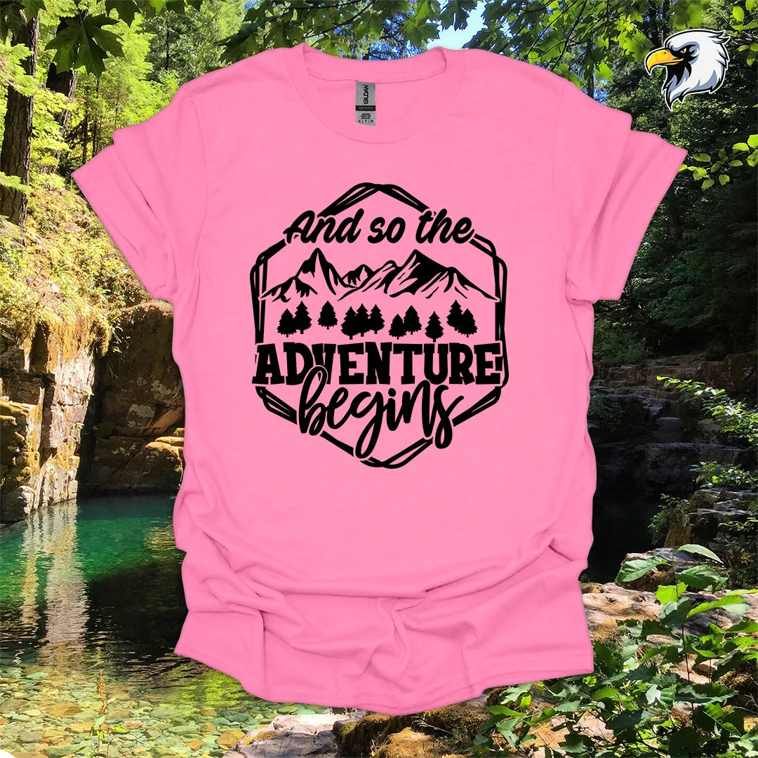 “And so the Adventure Begins” hiking t-shirt – Mountain Graphic