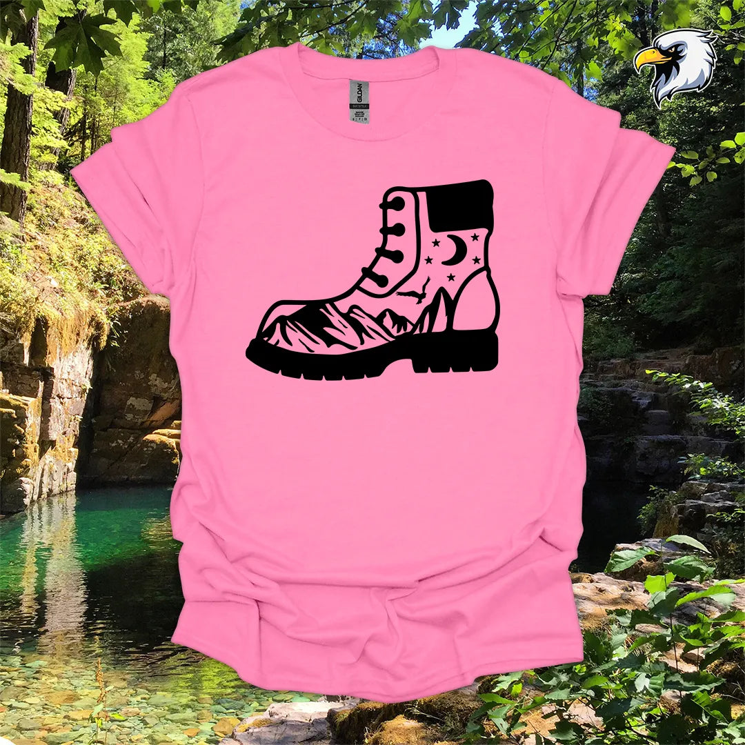 “Hiking Boots, Mountain Views” hiking t-shirt – Night Sky Graphic