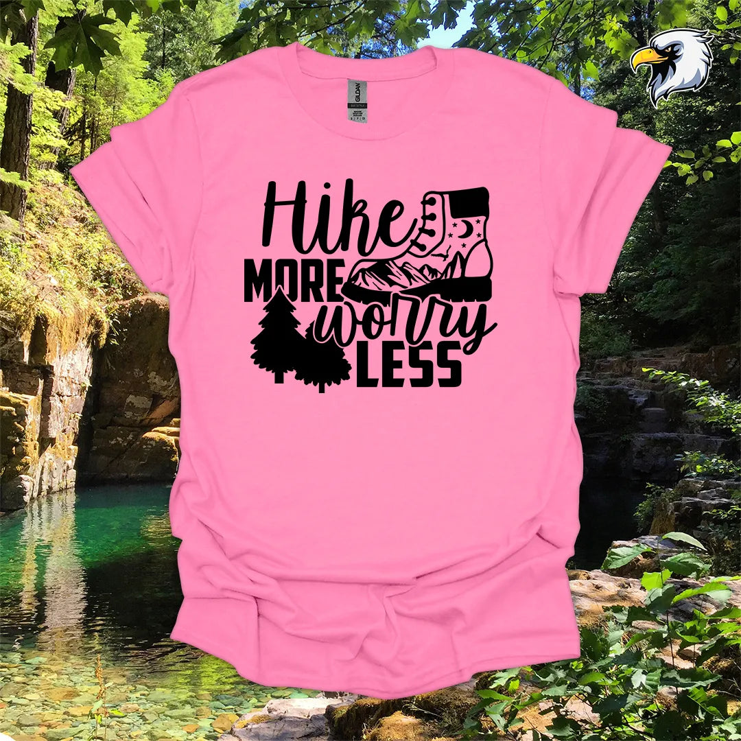 “Hike More Worry Less” hiking t-shirt – Mountain Boot Graphic