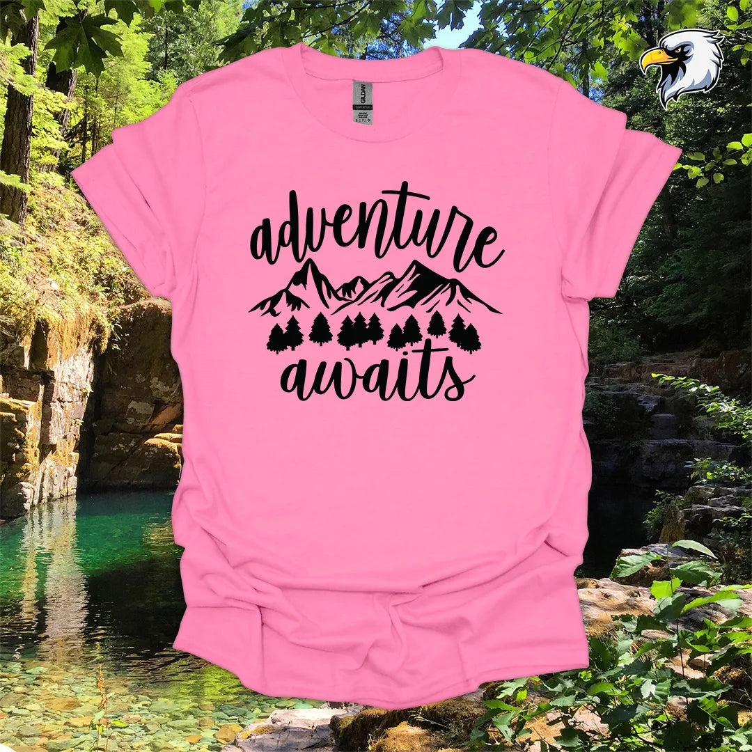 “Adventure Awaits” hiking t-shirt – Mountain & Forest Graphic