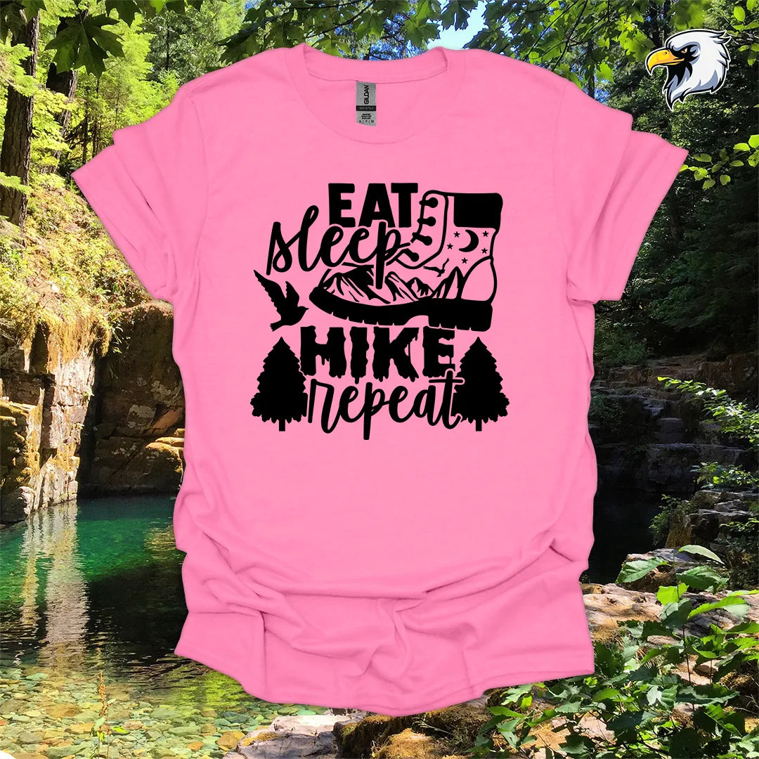 “Eat Sleep Hike Repeat” hiking t-shirt – Boot and Mountain Graphic