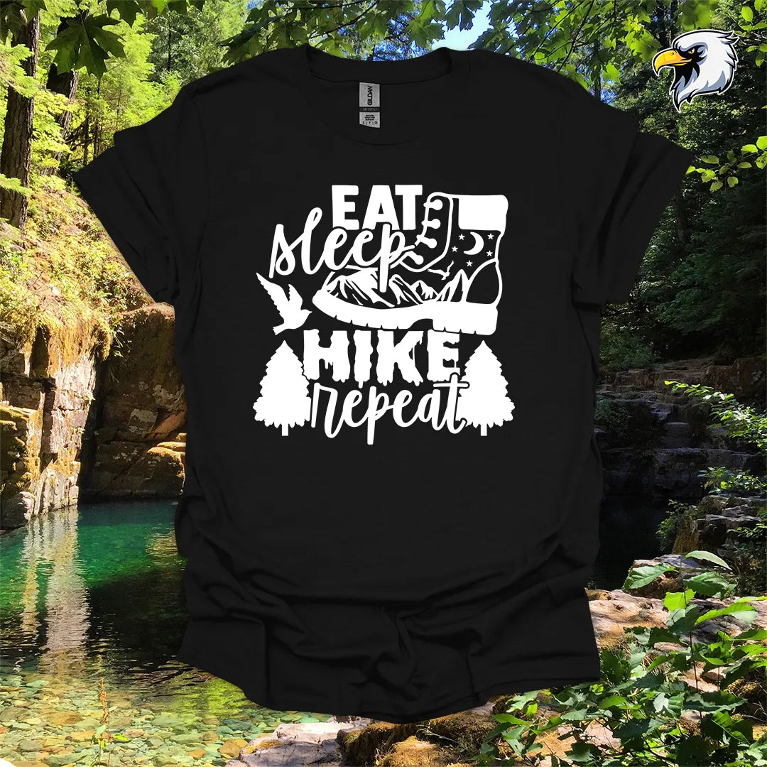 “Eat Sleep Hike Repeat” hiking t-shirt – Boot and Mountain Graphic