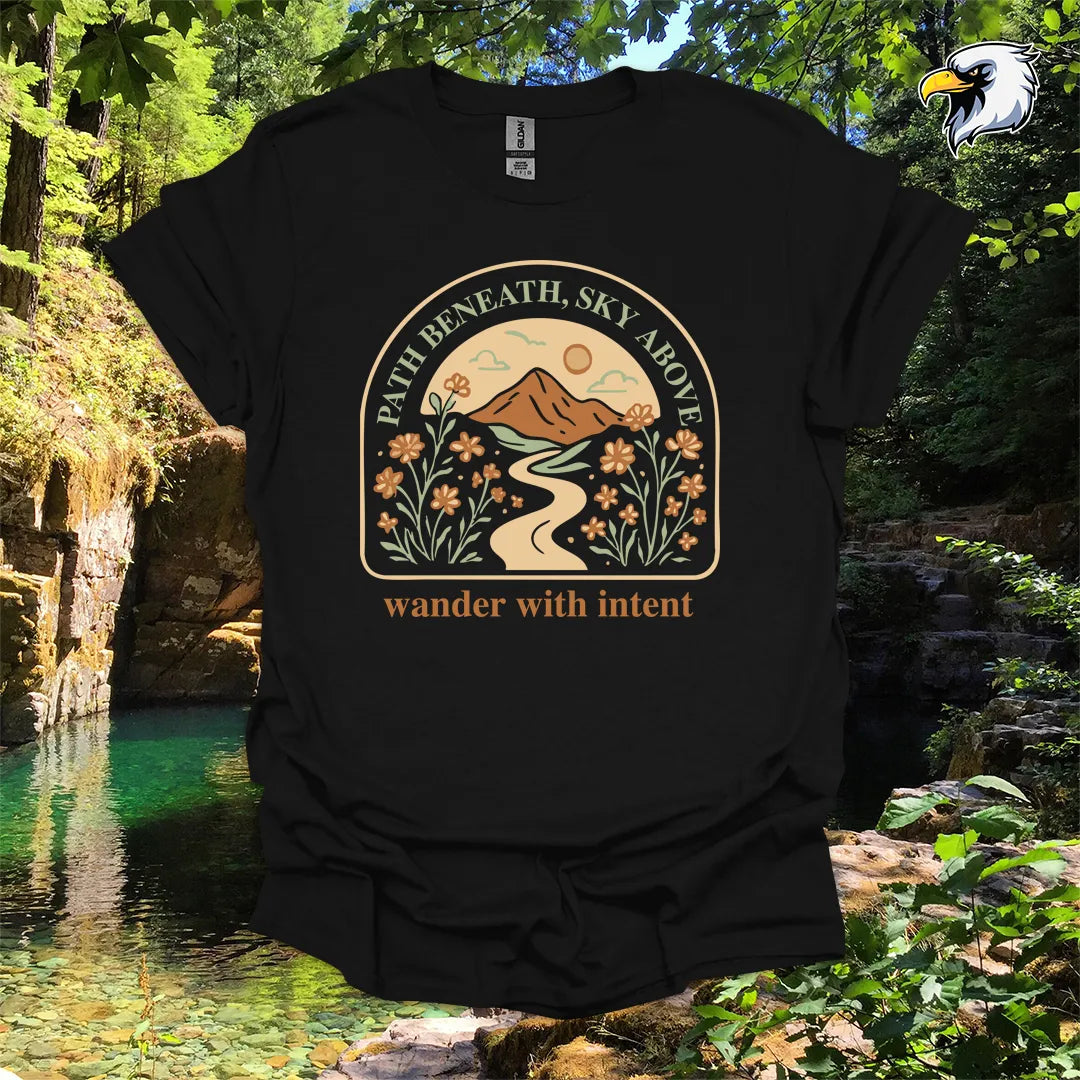 “Path Beneath, Sky Above” hiking t-shirt – Mountain & Wildflower Graphic