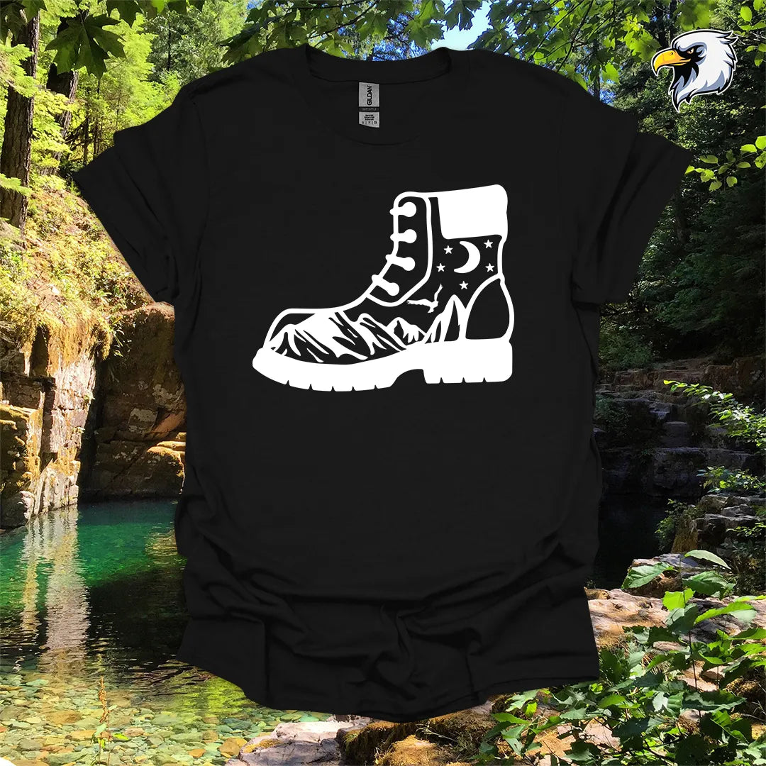 “Hiking Boots, Mountain Views” hiking t-shirt – Night Sky Graphic
