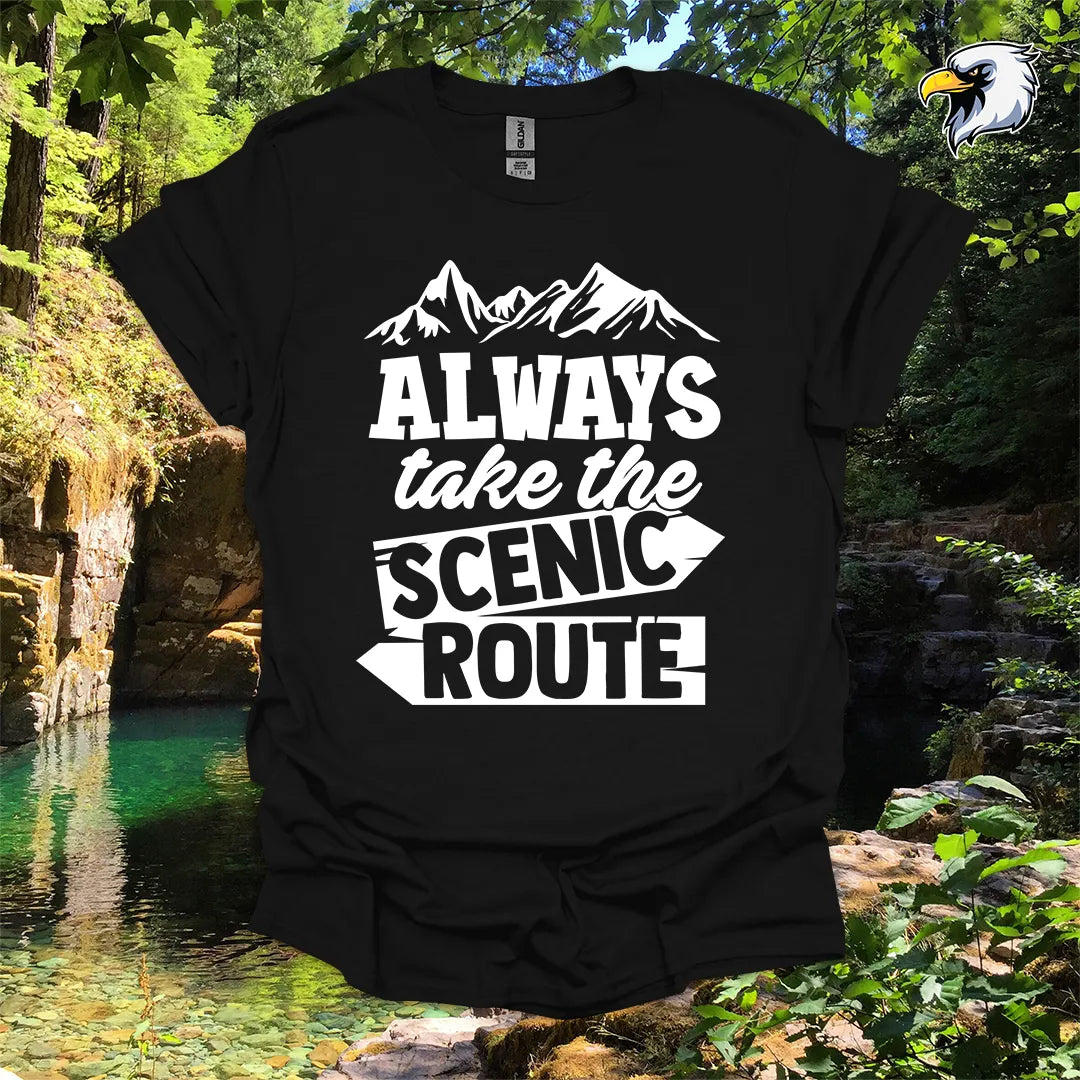 “Always Take the Scenic Route” hiking t-shirt – Mountain Graphic