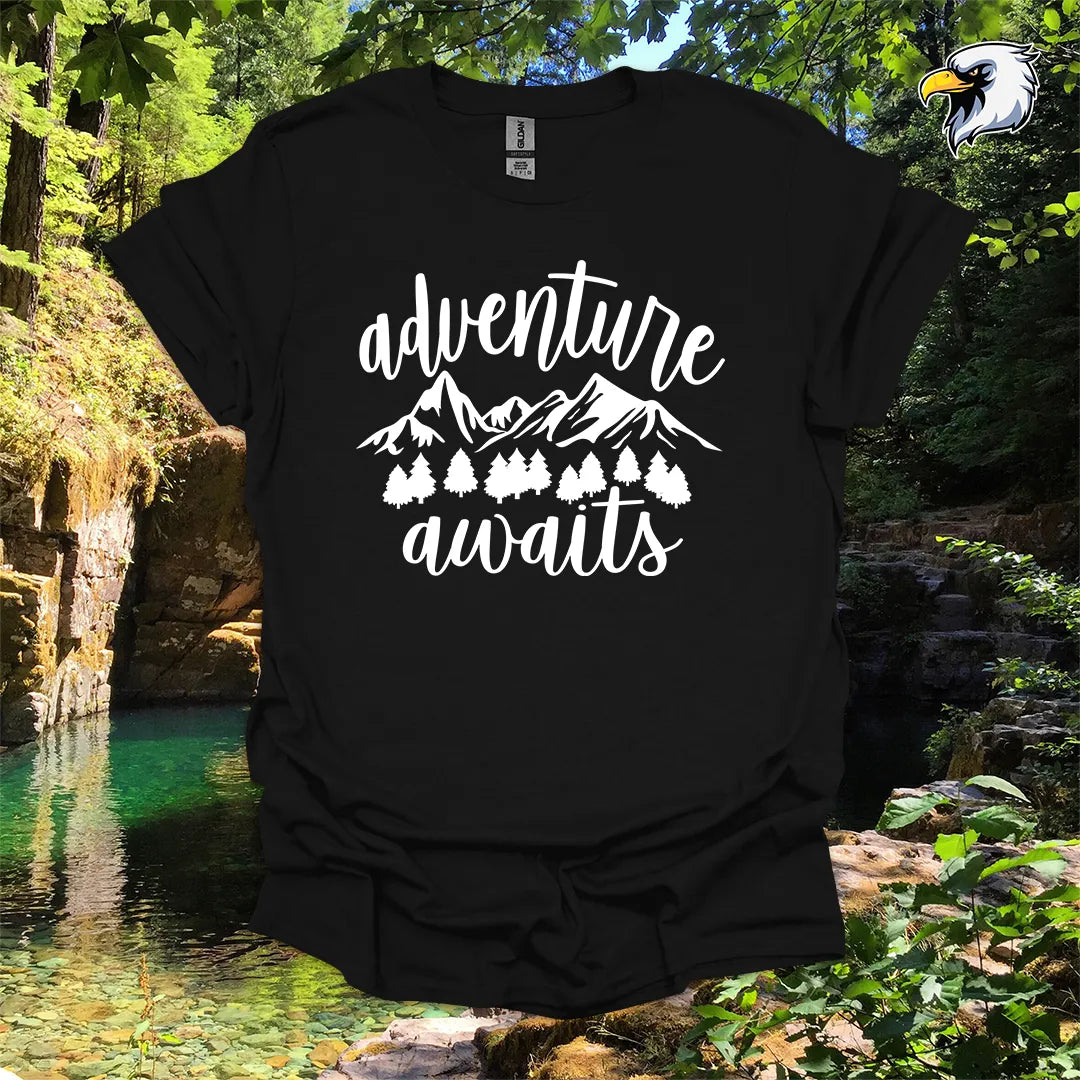 “Adventure Awaits” hiking t-shirt – Mountain & Forest Graphic