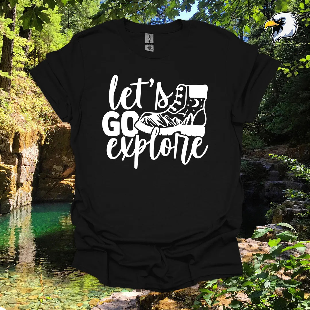 “Let’s Go Explore” hiking t-shirt – Boot and Mountain Graphic