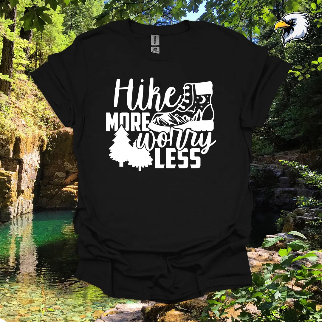 “Hike More Worry Less” hiking t-shirt – Mountain Boot Graphic