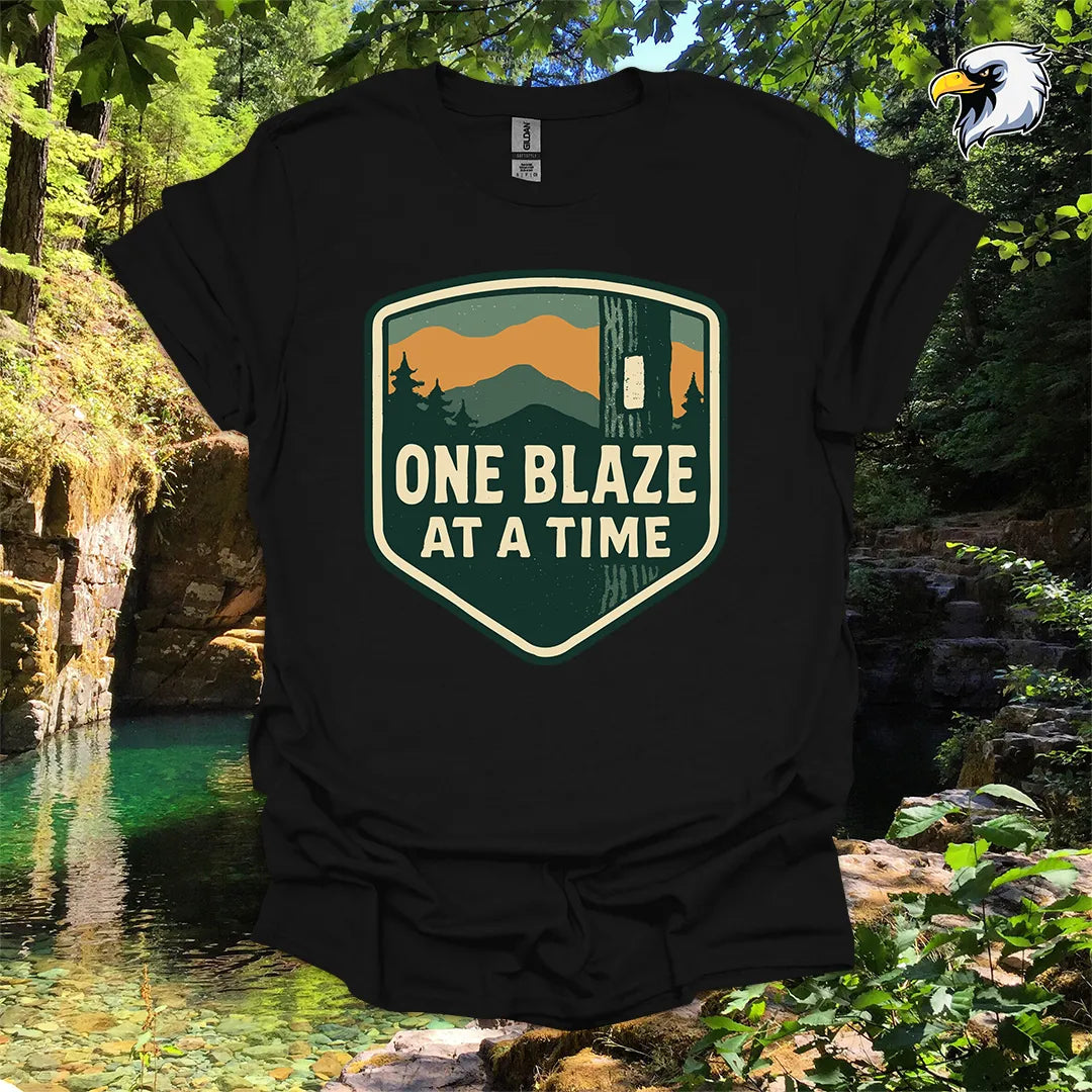 “One Blaze at a Time” Hiking T-Shirt – Mountain Badge Graphic