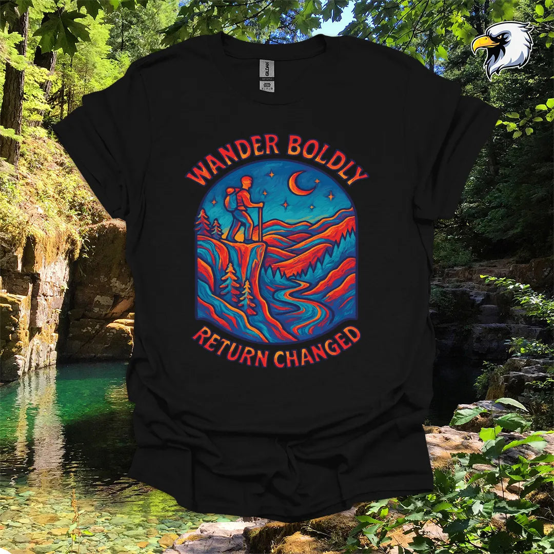 “Wander Boldly Return Changed” hiking t-shirt – Vibrant Mountain Graphic