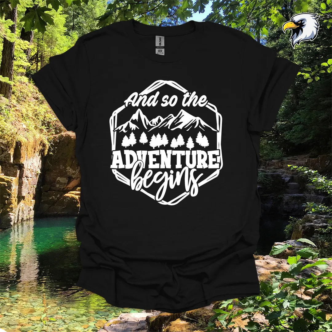 “And so the Adventure Begins” hiking t-shirt – Mountain Graphic