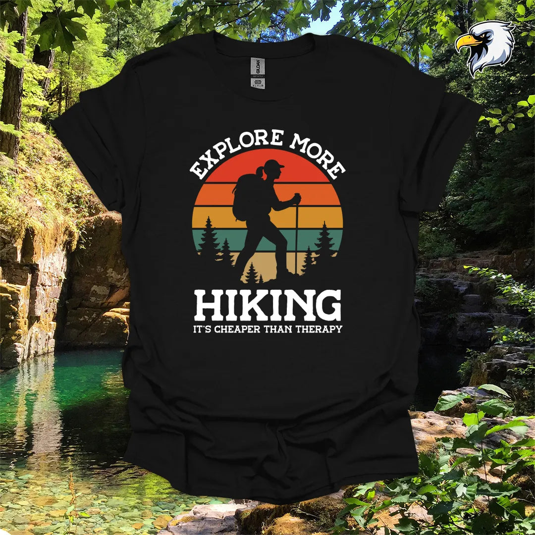 “Explore More Hiking, It’s Cheaper Than Therapy” women's hiking t-shirt – Retro Sunset Graphic