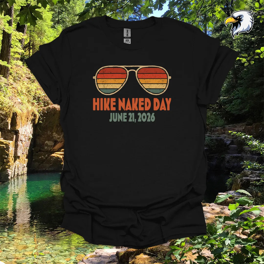 “Hike Naked Day June 21, 2026” hiking t-shirt – Retro Sunglasses Graphic