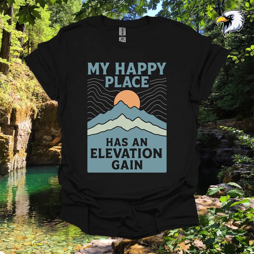 “My Happy Place Has an Elevation Gain” Hiking T-Shirt – Mountain Graphic